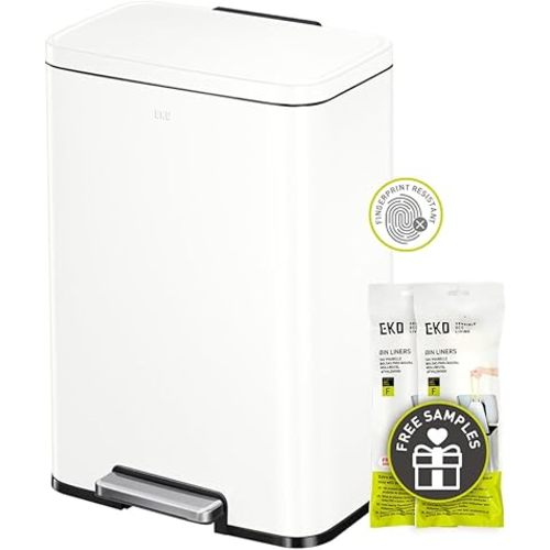 EKO Madison Matte White 50 Liter/13.2 Gallon Step Trash Can with Inner Liner - Fingerprint Resistant Finish