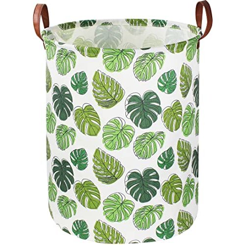 Round Green Laundry Hamper, Jungle Themed Nursery Decor, Tropical Pattern Basket, Monstera Room Decor,Waterproof Storage Bin, Gift Basket(Leaf)