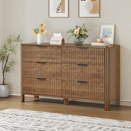 BORNOON Fluted 6 Drawer Dresser for Bedroom, 47.24" Wide Wooden Chest of Drawers with Metal Handles, Modern Storage Organizer for Closet, Living Room, Hallway