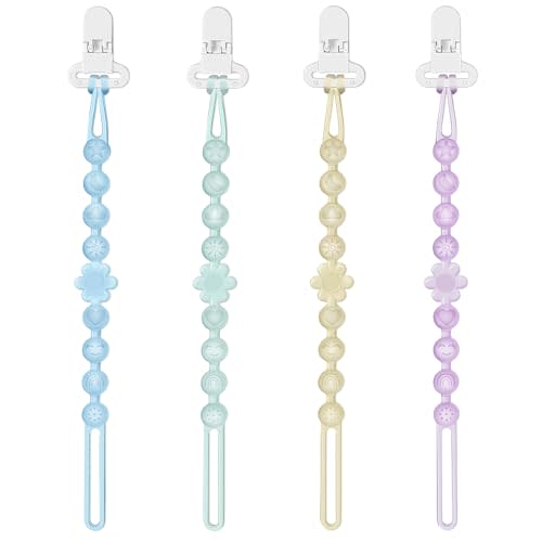Silicone Pacifier Clip Holder with One-Piece Beads, 4 Packs Soft Flexible and Rust-Free Binky Pacifiers Clips for Teething Relief Baby Essentials Accessories, Safe for Boy and Girl