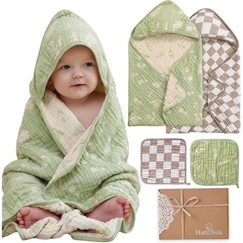 Muslin Baby Towel Set, 4-Piece Newborn Gift with 2 Bath & 2 Washcloths, Baby Shower Ready, Earthy Botanicals Theme 32" X 32"