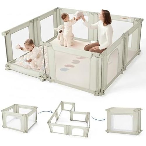 Sweeby Baby Playpen, Foldable Playpens for Babies and Toddlers with Gate, Large Playpen with Door Play Yard for Baby Fence Indoor and Outdoor Portable Play Pen,(59"x59", Beige)