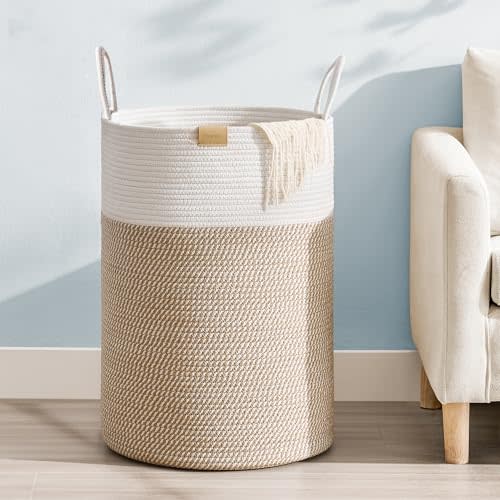 Nunsino Laundry Hamper 75L,Large Laundry Basket for Clothes,Decorative Storage Basket for Blankets,Cotton Rope Woven basket for bedroom,Brown White