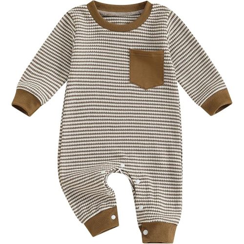 VISGOGO Newborn Infant Baby Boy Waffle Cotton Romper Clothes Onesie Stripe Jumpsuit 0 3 6 12 18 Months Long Sleeve Outfits