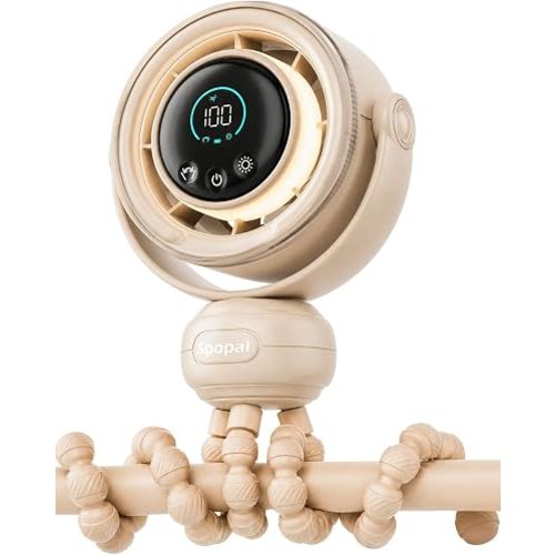 Spopal Portable Baby Stroller Fan, 4000mAh Rechargeable 100-Speed Quiet with LED Display Clip Fan for Stroller, 3-Level Night Light, Powerful Cooling Fan for Car Seat, Crib, Travel - Beige
