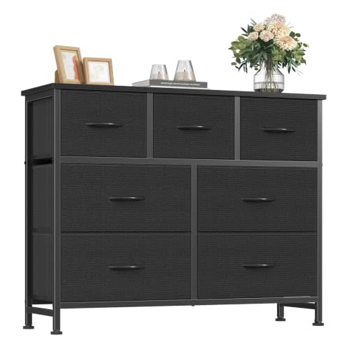 Fabric Dresser for Bedroom with 7 Drawers, Chest of Drawers | Wood Top and Metal Frame Organizer for Clothes, Closet, Entryway, Hallway, Livingroom Furniture, Black