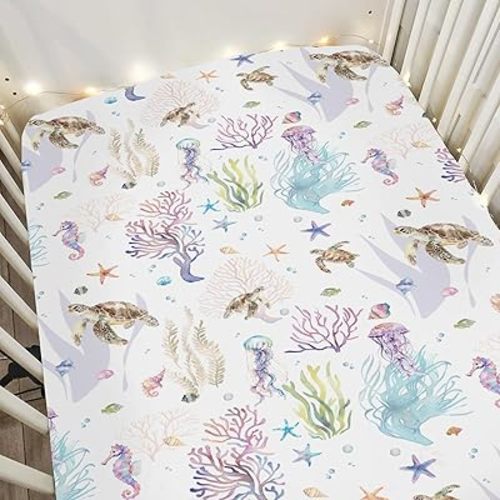Retro Sea Animals Baby Crib Sheets for Boy Girl 52"x28" Boho Sea Horse Turtle Jellyfish Starfish Coral Soft Snug Fitted Crib Mattress Cover Ocean Marine Baby Sheet for Standard Crib & Toddler Mattress