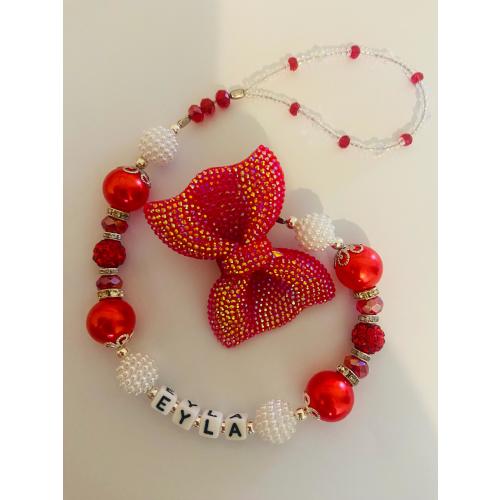 Personalised red and white Bow Christening keepsake dummy clip holder pacifier clip dummy saver custom name baby bling newborn baby gift