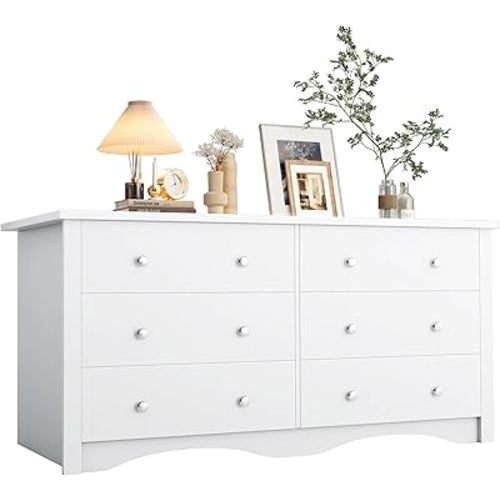 YESHOMY 6 Drawer Dresser for Bedroom, Wood White Dresser, Chest of Drawers Storage Organizer, TV Stand for 55 inch TV, for Living Room, Hallway, Closet