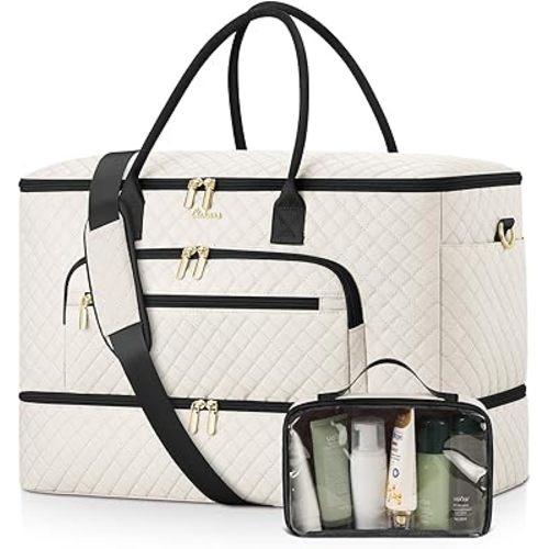 Travel Duffle Bag, Wide Open Large Weekender Bag for Women with Shoe Compartment, Carry on Overnight Bags with Toiletry Bag, Hospital Bag for Women Labor Delivery with Wet Pocket (Beige Black)