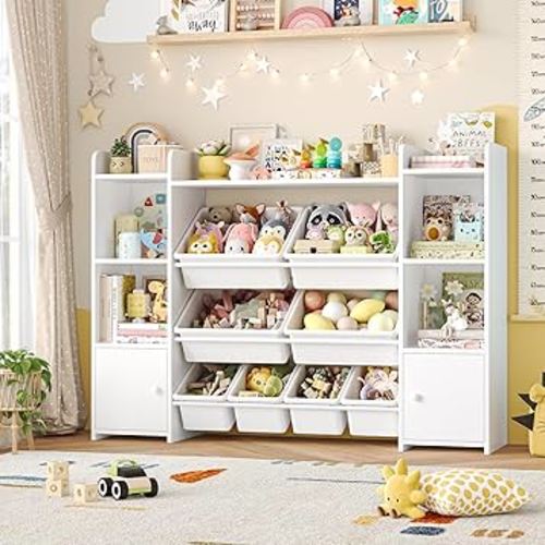 FOTOSOK 55''Large Toy Storage Organizer with 8 Toy Bins, Toy Organizers and Storage with Shelf and 6 Storage Cubbies, Bookshelf for Kids, Playroom Organization and Storage Bins, White