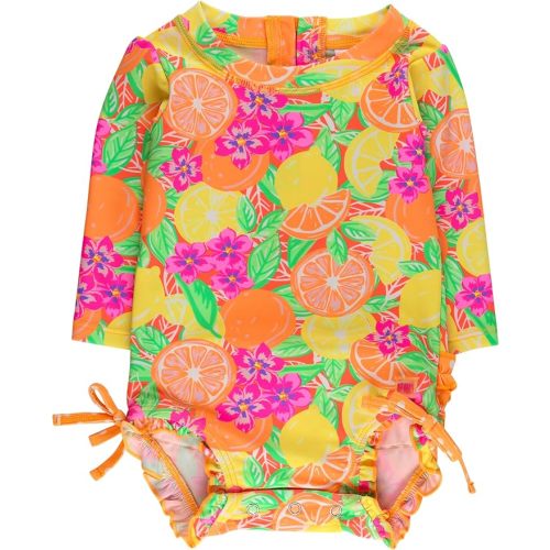 RuffleButts Baby Girls UPF 50+ Sun Protection Floral Printed Long Sleeve One Piece Rash Guard Swimsuit with Zipper