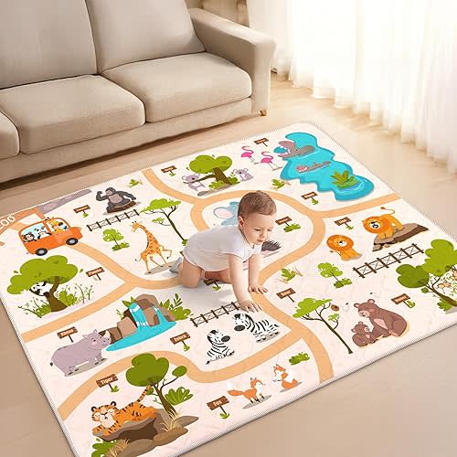Baby Play Mat for Floor, 71''x59'' Soft Quilted Playmat,Thick Foam Cushioned Kids Floor Mat for Tummy Time, Extra Large Non-Slip Backing for Crawling for Toddlers Infants Newborn,Zoo Road