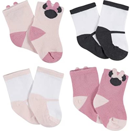 Disney Baby Minnie Mouse 4-Pack Jersey Crew Socks, Pink, 0-6 Months
