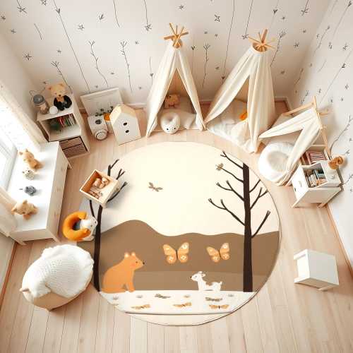Kids Forest Animal Rug: Bear, Goat & Butterfly - Nursery Playroom Carpet