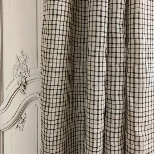 Modern Vintage Black Check Pattern Linen Curtain Natural Oatmeal Tan Beige Background Drapery Panel 53 Width Various Lengths Custom Drapes