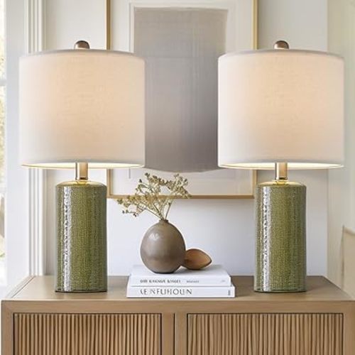 20.25" Small Table Lamps Set of 2 Modern Ceramic Lamps for Living Room Farmhouse Bedside Lamps Boho Lamps for Night Stands Green Bedroom Lamp Side Table Lamps End Table Lamp