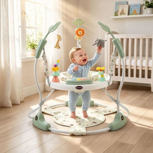 TODECARE 3-in-1 Baby Activity Jumper – 360° Rotating Seat, 3-Level Adjustable Height, Interactive Toys, Removable Foot Mat, Green