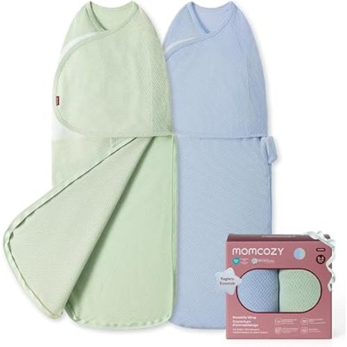 Momcozy Airflow Baby Swaddle, 100% Cotton Lightweight & Ultra Breathable, Ideal for Hot Sleeper Baby, Reduce Startle Reflex, Newborn Boys Girls Registry Essentials, 2-Pack, Sea Mist