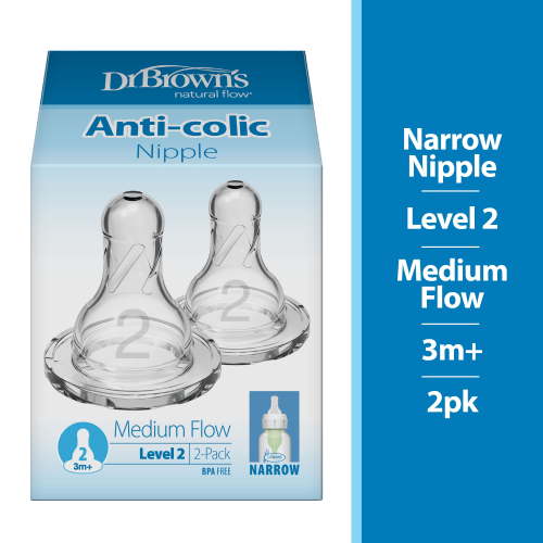 Dr. Brown's Natural Flow Level 2 Narrow Baby Bottle Silicone Nipple, Medium Flow, 3m+, 100% Silicone Bottle Nipple, 2 Pack