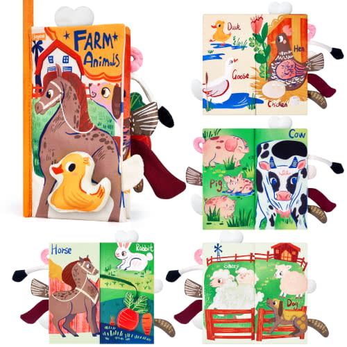 JoyCat Baby Books 0-12 Months, Farm Tail Tummy Time Sensory Cloth Book | Farm cloth book with crinkle textures and detachable duck encourages tummy time, touch exploration and early learning.