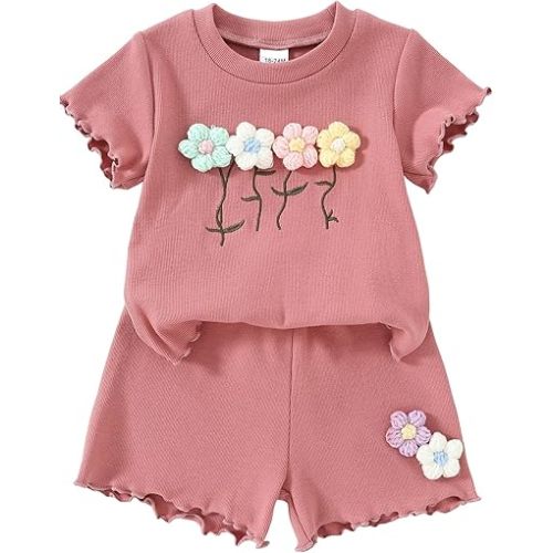 Yvowming Toddler Baby Girl Clothes Outfits,Summer Ruffle Ribbed Flower T Shirt Shorts Set Clothes for Girls