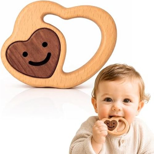 Wooden Teether for Babies 0-12 Months – Organic Wood Baby Teether Toy - Natural Heart Teething Ring with Gentle Rattle – BPA-Free, No Paint, No Plastic – Montessori Teething Toy, Newborn Gift