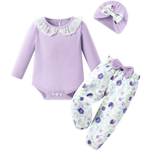WESIDOM Baby Girl Clothes 0-24M Newborn Girls Outfits Lace Romper+Floral Pants+Cute Bow Hat Infant Babys 3Pcs Set