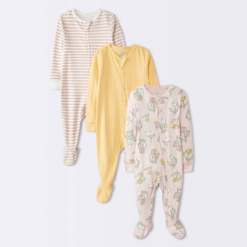 Baby Girls' 3pk Floral Pointelle Tight Fight Long Sleeve Sleep N' Play - Cloud Island™ Pink 12M