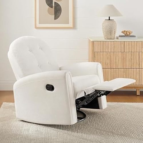 VANOMi 360 Swivel Rocker Recliner Chair, Nursery Rocking Chair with Tufted Backrest, Manual Recliner Chairs for Small Spaces, Upholstered Glider Nursing Chair for Living Room, Bedroom (White)