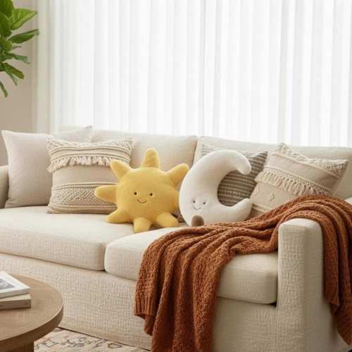 Kawaii Sun & Moon Plush Pillow, Celestial Nursery Decor