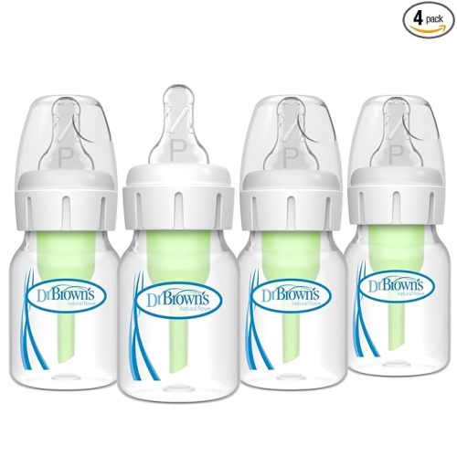Dr. Brown's Natural Flow Anti-Colic Options+ Narrow Baby Bottle, 2 oz/60 mL, with Preemie Flow Nipple, 0m+, 4 Pack