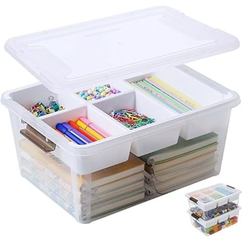 17 QT Plastic Storage Box with Removable Tray Craft Organizers and Storage Clear Storage Container for Organizing Bead, Tool, Sewing, Playdoh (White, 1Pack-17QT)
