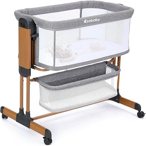 Ezebaby 3-in-1 Baby Bassinet, Rocking Baby Bassinets Bedside Sleeper, Adjustable Portable Crib for Newborn Infant with Wheels Storage Basket and Mesh Sides