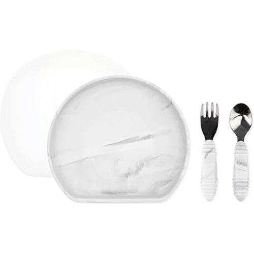Bumkins - Silicone Grip Plate, Fork & Spoon & Lid - For Ages 18 Months+ - Suction Base - 100% Food-Safe Silicone - Oven, Microwave, Freezer, & Dishwasher Safe - Marble