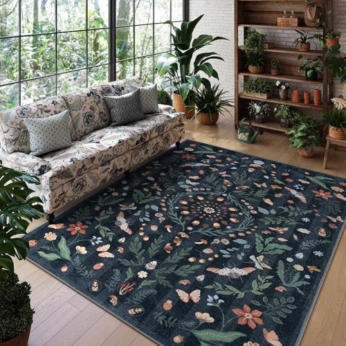 Lahome Insect Botanical Washable Black 6x9 Area Rugs for Living Room, Non Slip Rugs for Bedroom, Boho Indoor Throw Dining Room Rugs for Under Table Carpet for Home Office Playroom(Black,6x9)