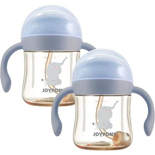Joypony Sippy Cups for Toddlers 1-3, Spill Proof Weighted Straw Cup with Handle for Baby 6 Months + old, 2 Pack, Total 4 Silicone Straws, PPSU, BPA Free, 6 oz (Blue)