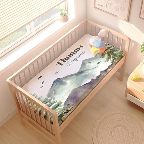 Personalized Mountain and Tree Baby Crib Sheets – Custom Name Fitted Crib Mattress Sheet for Boys and Girls, Soft Nursery Bedding for Newborn, Infant & Toddler Beds