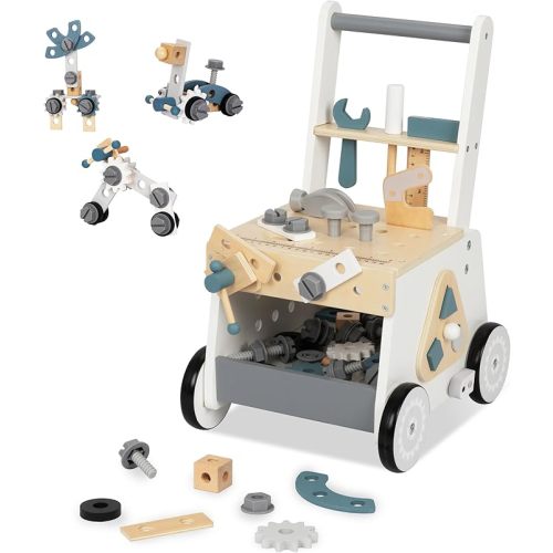 2-in-1 Wooden Baby Walker and Tool Bench with Building Play, Blue | Sturdy Wooden Push Walker with a Tool Bench, Pretend Tools, Bolts, Clock, and Storage for Hands-On Building Play, 18 Months+