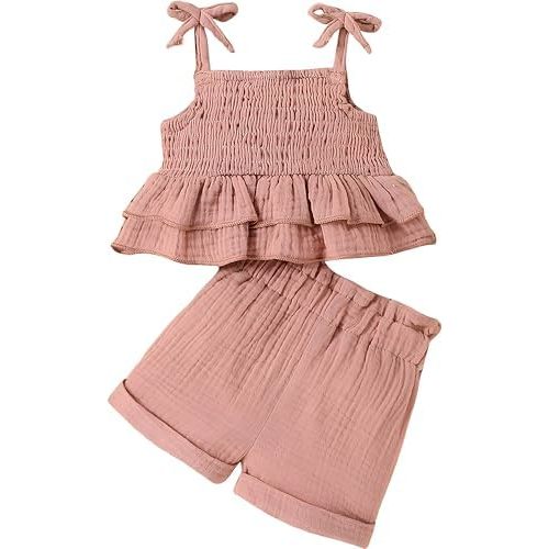 VARMILO Toddler Girls Short Sets,Single Shoulder Ruffle Tank Top and Floral Bow Shorts Set for Summer Casual Wear