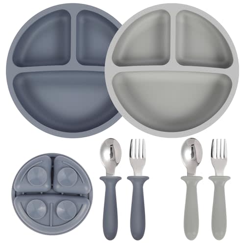 Eascrozn 2 Pack Silicone Suction Plates for Baby, Forks and Spoons Set | Toddler Utensils, Divided, BPA Free, Baby Led Weaning Feeding Supplies, Microwave and Dishwasher Safe