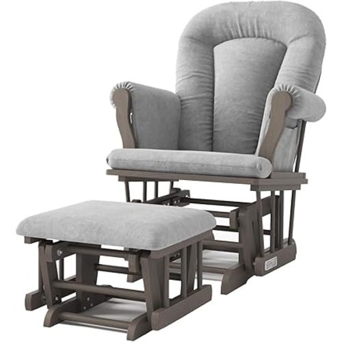 Child Craft Cozy Glider Rocker and Ottoman Set, Padded Cushion with Convenient Storage Pockets, Solid Wood Base & Frame (Dapper Gray with Light Gray Cushion)