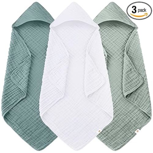 Sunny zzzZZ Muslin Hooded Baby Bath Towels - 3 Pack 100% Cotton Soft Low-Saturation Pastel Towels Including Classic White for Newborns, Infants, Toddlers - 32x32 Inch - Light Emerald and White