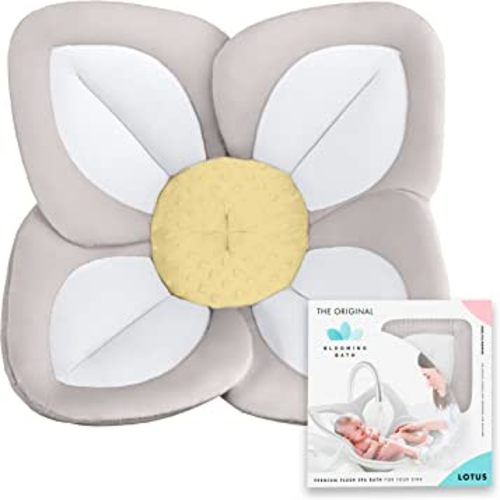 Blooming Bath Lotus Bath Pad - Plush Minky Baby Sink Bathtub Cushion - The Original Washer-Safe Flower Seat for Newborns - Gray/White/Yellow