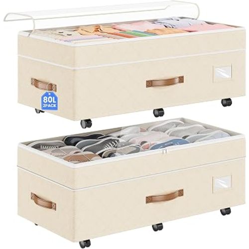 Budding Joy Under Bed Storage with Wheels 2Pack, 80L Height Adjustable Underbed Containers with Clear Lids, Rolling Under Bed Shoe Storage Organizer for Dorm Home Clothes, Blankets, Toys, Beige