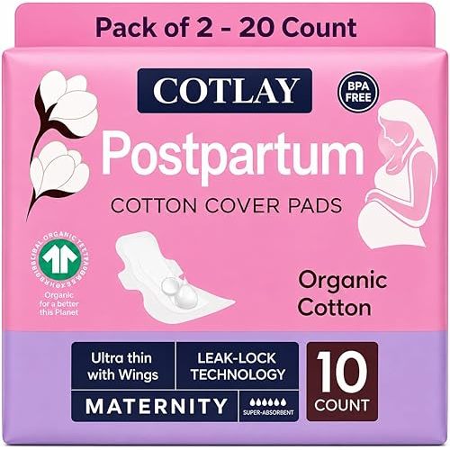 Cotton Postpartum Pads | Thin, Ultra Absorbent and Long Pads with Wings 20 Count | Organic Cotton Maternity Pads | Pads for Postpartum Bleeding | Post Partum Pads