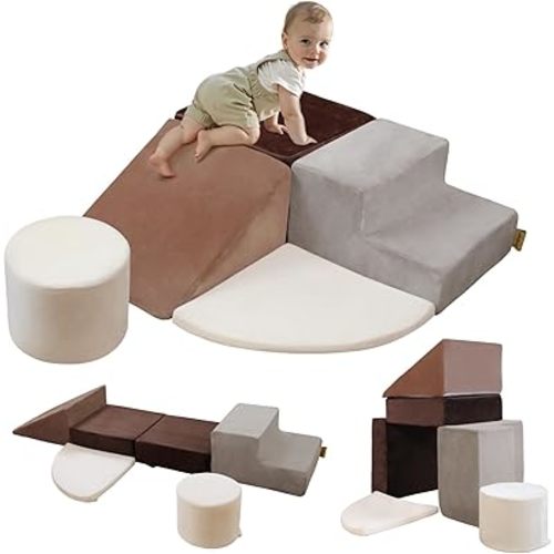 BanaSuper 5-Piece Climbing Toys for Toddlers, Kids Foam Blocks Playset With Cylindrical Block, Toddler Indoor Soft Play Gym Activity Play Set for Crawling, Sliding and Playing(Grey&Brown)