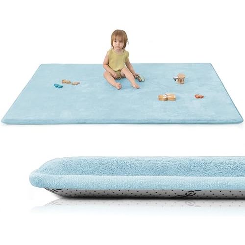 Baby Play Mat for Floor,1.3" Thick Elasti-Foam 50"×74" Playpen Mat for Tummy Time,Water Repellent Soft Coral Velvet for Toddler,Infant,Kids,Non-Slip Backing Safe for Crawling(Light Blue)