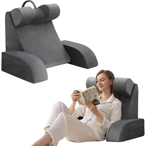 Velorose Reading Pillow for Sitting in Bed Adult, Back Pillow for Bed Sitting up, Backrest Pillow with Arms, Back Support Pillows for Gaming Lounging Watching TV, Medium 19" Grey