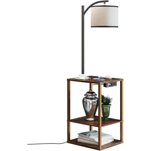 SUNMORY Floor Lamp with Table, End Table with Lamp, Shelves, Charging Station(USB & AC Port), 3-Color Temperature LED Bulb, Side Table Lamps for Living Room, Bedroom, Office, Rustic Brown
